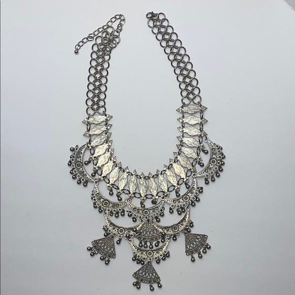 Silver Tone Statement Necklace with rhinestones and dangling beads - Picture 7 of 11